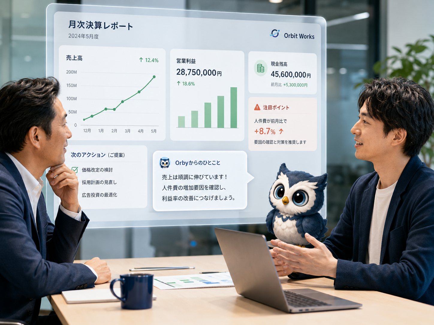 経営者と担当者が月次決算レポートを前に対話し、経営支援AI「Orby」が売上・利益・現金残高や次のアクションを示している月次決算報告会の様子